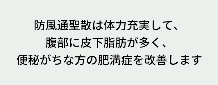 防風通聖散は体力充実して、腹部に皮下脂肪が多く、便秘がちな方の肥満症を改善します